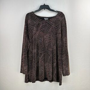 Vintage Notations Tunic Top Women 2X Black Gold Geometric Sparkle Slinky Stretch